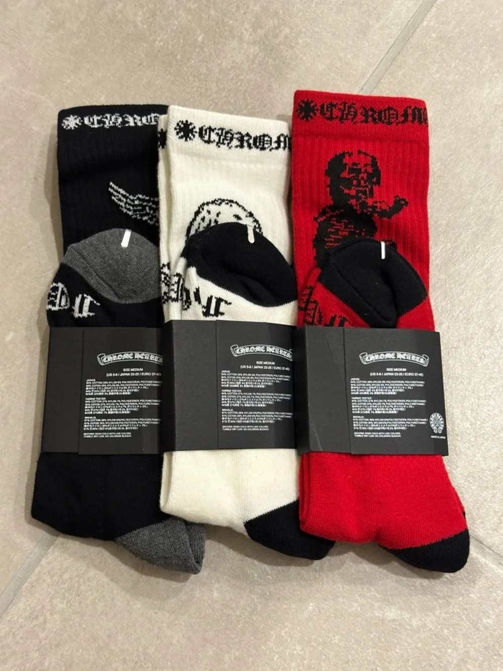 Chrome Hearts Foti Skeleton 3-Pack Socks Size Medium Black White and Red